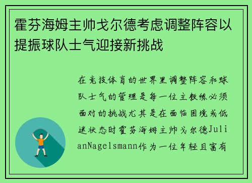 霍芬海姆主帅戈尔德考虑调整阵容以提振球队士气迎接新挑战