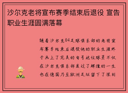 沙尔克老将宣布赛季结束后退役 宣告职业生涯圆满落幕