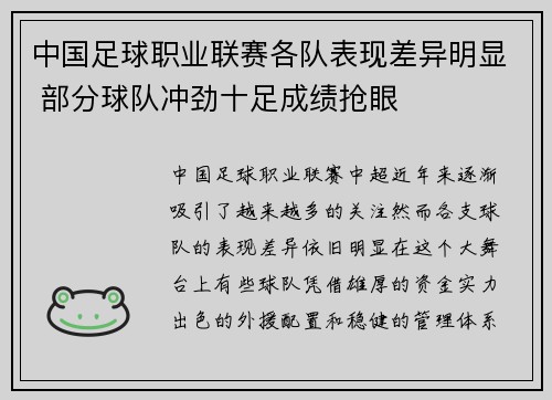 中国足球职业联赛各队表现差异明显 部分球队冲劲十足成绩抢眼