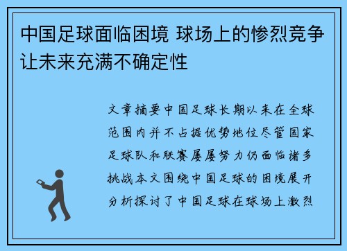中国足球面临困境 球场上的惨烈竞争让未来充满不确定性