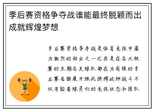 季后赛资格争夺战谁能最终脱颖而出成就辉煌梦想