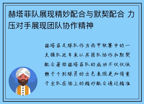 赫塔菲队展现精妙配合与默契配合 力压对手展现团队协作精神