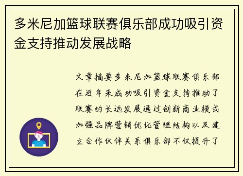 多米尼加篮球联赛俱乐部成功吸引资金支持推动发展战略