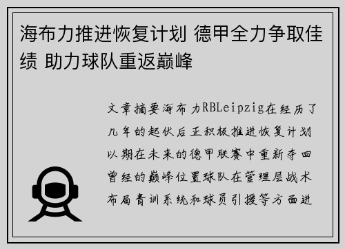 海布力推进恢复计划 德甲全力争取佳绩 助力球队重返巅峰