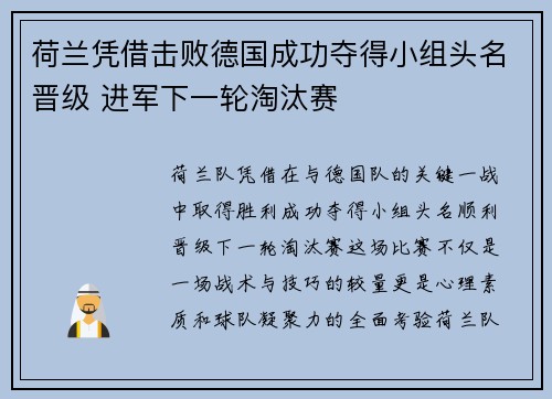 荷兰凭借击败德国成功夺得小组头名晋级 进军下一轮淘汰赛