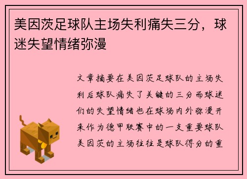 美因茨足球队主场失利痛失三分，球迷失望情绪弥漫