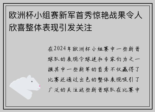 欧洲杯小组赛新军首秀惊艳战果令人欣喜整体表现引发关注