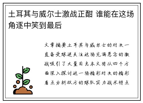 土耳其与威尔士激战正酣 谁能在这场角逐中笑到最后