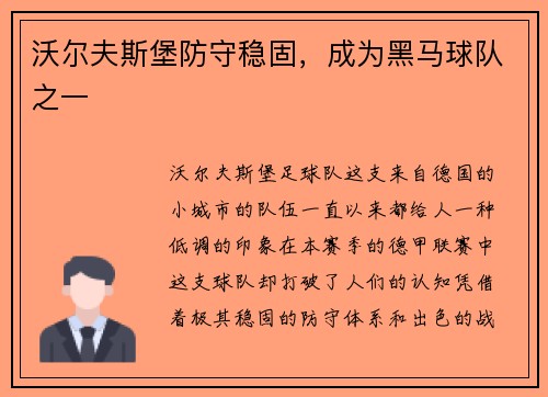 沃尔夫斯堡防守稳固，成为黑马球队之一