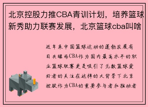 北京控股力推CBA青训计划，培养篮球新秀助力联赛发展，北京篮球cba叫啥