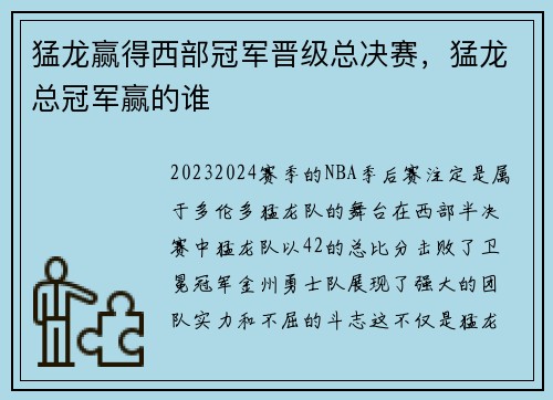 猛龙赢得西部冠军晋级总决赛，猛龙总冠军赢的谁