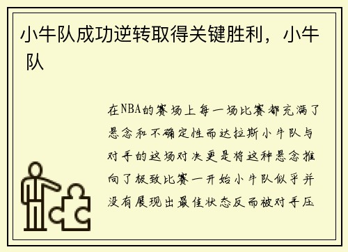 小牛队成功逆转取得关键胜利，小牛 队