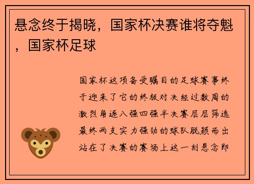 悬念终于揭晓，国家杯决赛谁将夺魁，国家杯足球