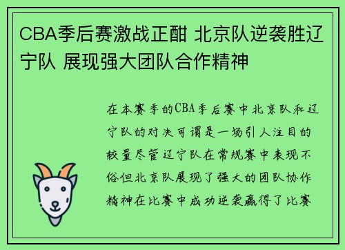 CBA季后赛激战正酣 北京队逆袭胜辽宁队 展现强大团队合作精神