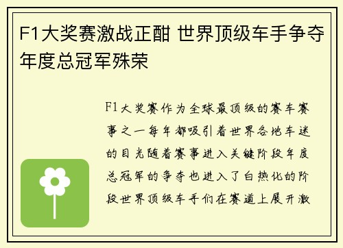 F1大奖赛激战正酣 世界顶级车手争夺年度总冠军殊荣