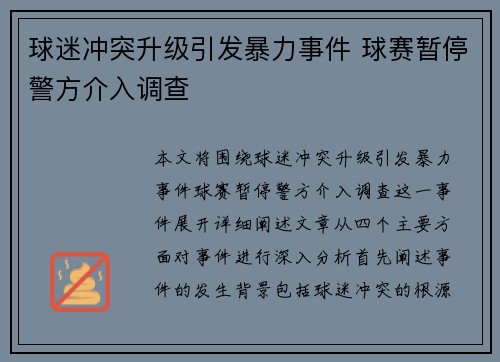 球迷冲突升级引发暴力事件 球赛暂停警方介入调查