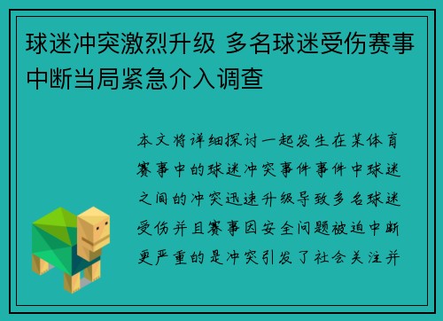 球迷冲突激烈升级 多名球迷受伤赛事中断当局紧急介入调查